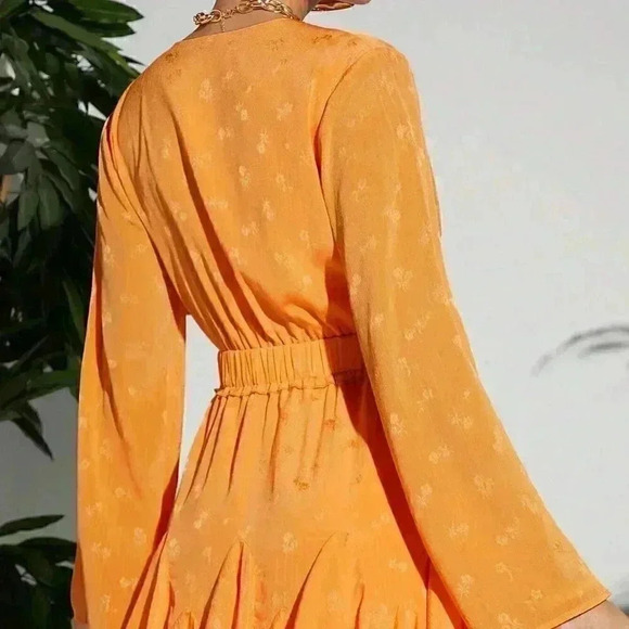 Orange Boho Womens Plunging Neck Knot Front Solid Dress - Picture 3 of 5